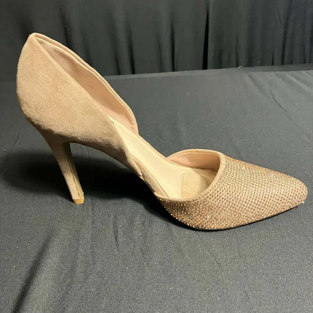 Jones New York Taupe Faux Suede Rhinestone Pointed Toe High Heel Pumps Size 7.5